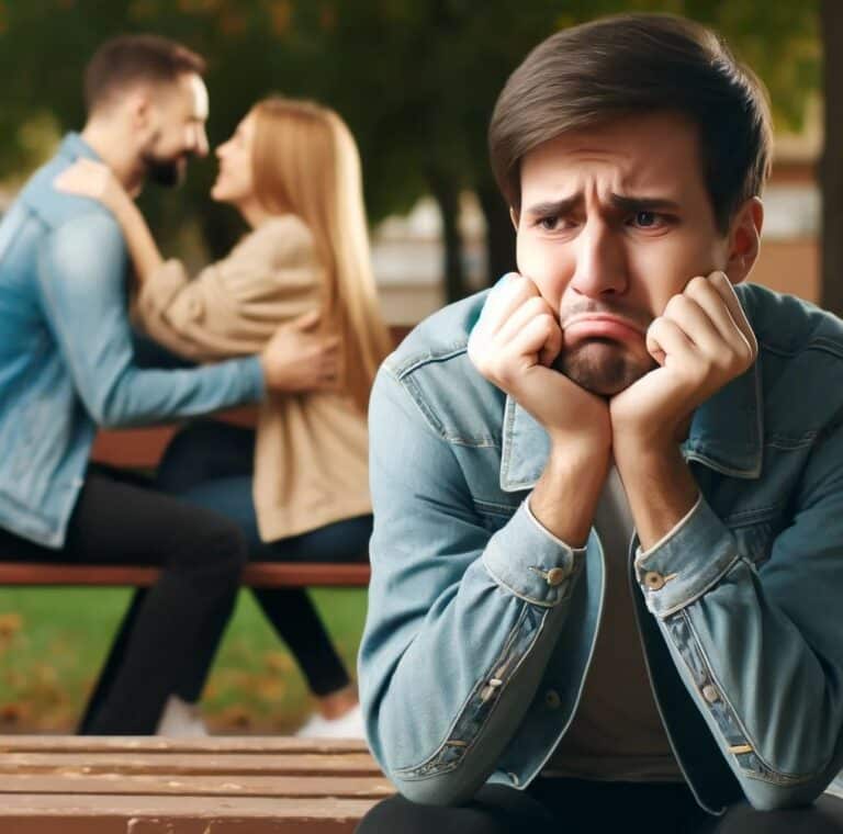 A sad person watching a happy couple and being of jealous of them