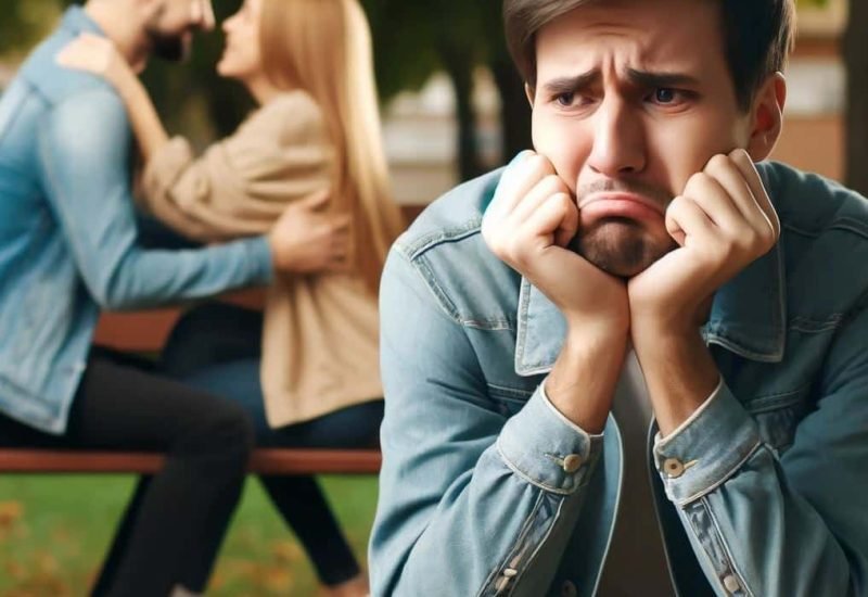 A sad person watching a happy couple and being of jealous of them